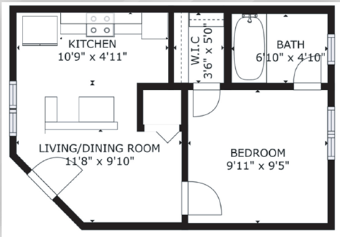 1 bed 1 bath floor plan D at The Eastern Apartments, Texas, 75204